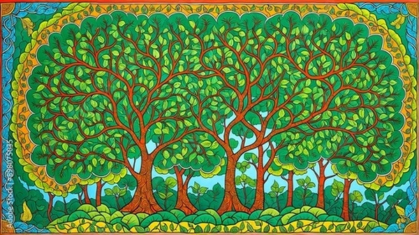 Fototapeta Illustration of an abstract interpretation of a forest canopy, featuring intricate, overlapping geometric shapes. Patachitra Painting style. 3