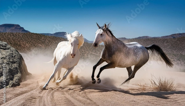 Fototapeta 砂漠地帯に2頭の馬が走っています。1頭は白馬でもう1頭は白と茶色のブチのアパルーサです。2頭ともものすごい砂煙を上げながらまるでレースしているかのような激しい走り。