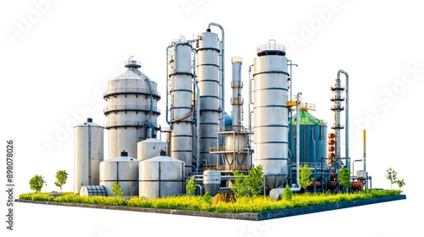 Fototapeta Industrial Complex: A 3D rendering of a sprawling industrial complex, featuring towering silos, intricate piping, and a vibrant green field, showcasing the scale and complexity of modern manufacturing