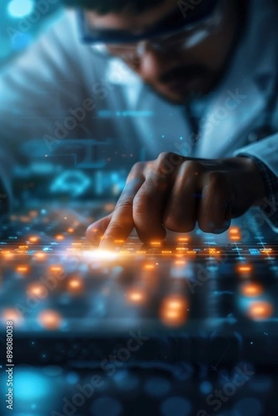 Obraz Close-up of a scientist interacting with a digital interface, showcasing innovation and technology in research and development.