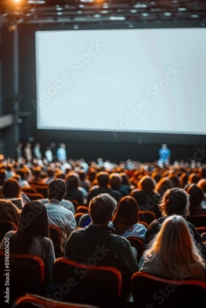 Fototapeta People in the cinema auditorium with Cinema blank wide screen and red chairs in the cinema hall,People silhouettes watching movie performance,empty white screen,space for text.