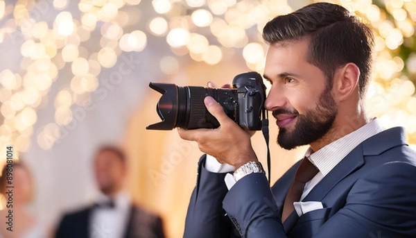Fototapeta Professional photographer at a wedding; copy space 