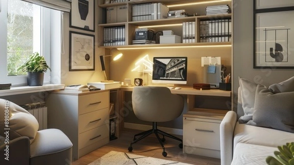 Fototapeta compact living room corner dedicated to a home office, with a small desk, ergonomic chair, and a smart storage system