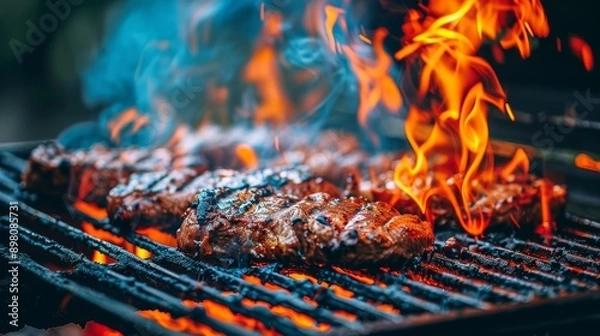 Obraz Group of men having a delightful night grilling food, enjoying bbq event with friends