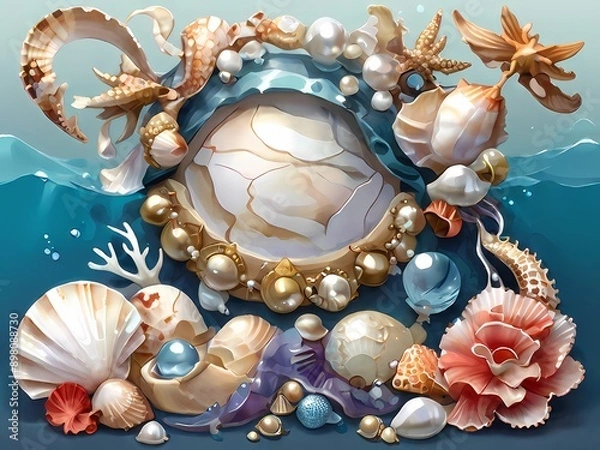 Obraz Illustrate a pattern with ocean treasures like seashells, pearls, and coral.

