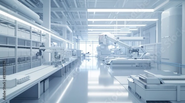 Fototapeta A detailed 3D blender minimalist illustration of a product factory, displaying an assembly line with automated equipment and robotic systems. The render includes neatly arranged workstations,