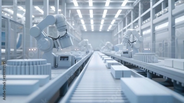 Fototapeta A 3D blender minimalist illustration of a product factory, highlighting the clean, efficient design of the manufacturing space. The scene includes automated conveyor belts, robotic arms, and