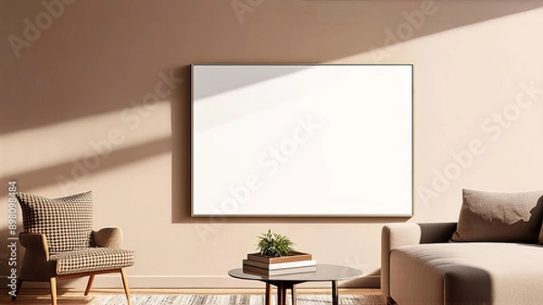 Fototapeta Living room mockup with empty space for picture on cream color wall. Sofa and armchair in room. Warm sunny beige color. Minimalistic scandinavian interior design