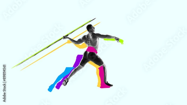 Fototapeta Javelin thrower in mid-action, shirtless man, athlete showing strength and precision. Contemporary art collage. Concept of sport, athletics, endurance, speed, energy, competition