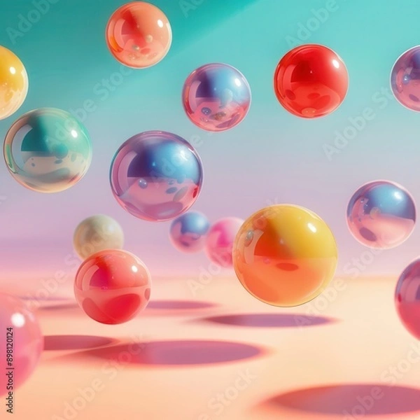 Fototapeta Colorful spheres floating in a gradient background with soft shadows, playful and modern