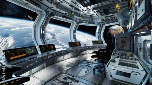 Fototapeta futuristic space station module designed as a remote office, with high-tech controls and views of Earth from space