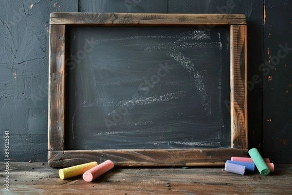 Fototapeta Wooden table with blackboard and chalk