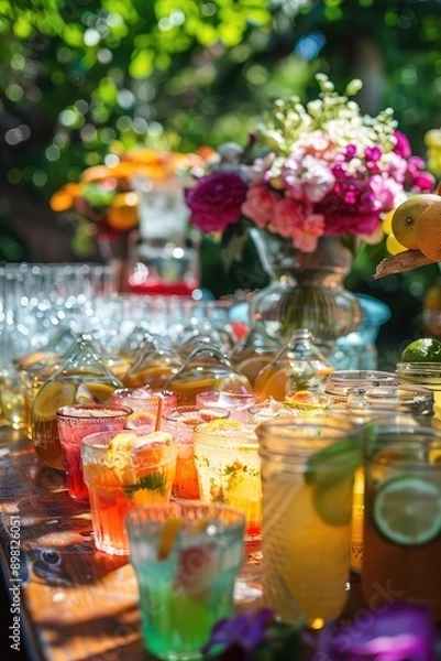 Fototapeta Various cocktails with berries and fruits in the garden. Selective focus.