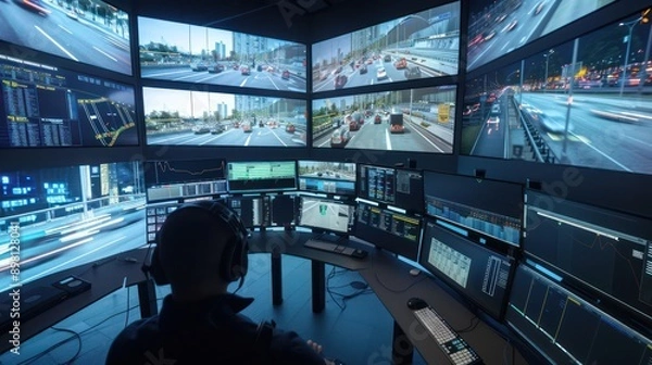 Obraz high-resolution traffic control center where operators use advanced algorithms and live camera feeds to manage and prevent traffic jams