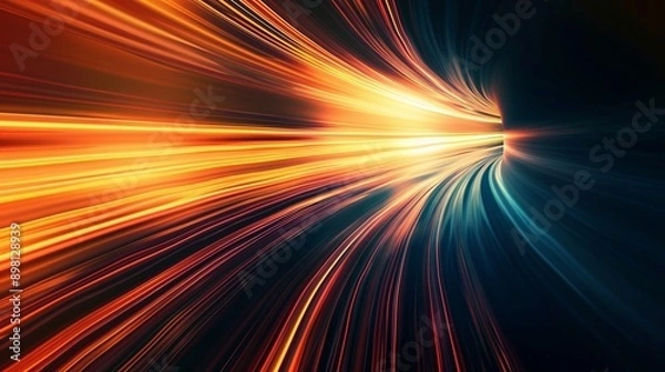 Fototapeta Speed of light abstract background with orange and blue colors and tunnel like lines