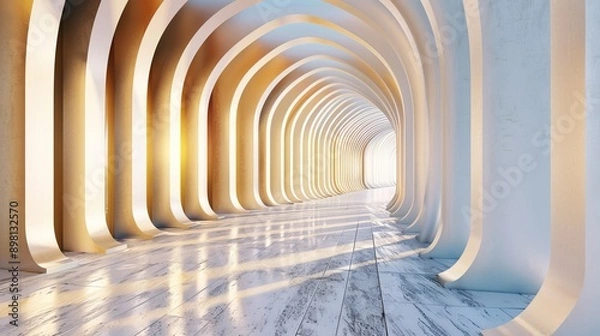 Fototapeta A futuristic, abstract hallway with an archway leading to a bright light at the end.