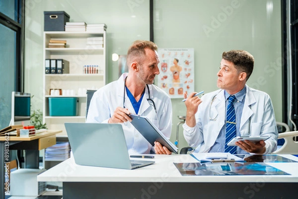 Fototapeta In a hospital meeting room,Italian male and Caucasian male discuss medical cases at desk with X-ray films, blood samples, patient information, on diagnosing heart disease and treatment guidelines.