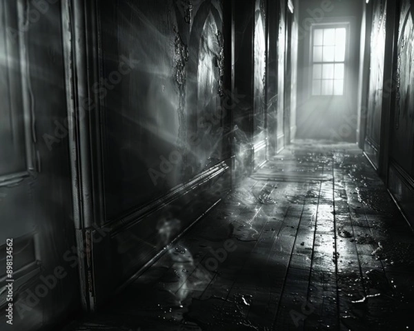 Fototapeta Eerie decorations casting spooky shadows on the walls focus on, haunted atmosphere, ethereal, Multilayer, hallway