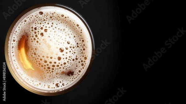 Fototapeta Sparkling frothy beer, overhead view, macro shot, highlighting the effervescent bubbles and deep flavor profile