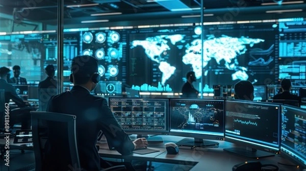 Obraz high-tech security operations center where analysts monitor and respond to cybersecurity threats on a global digital map
