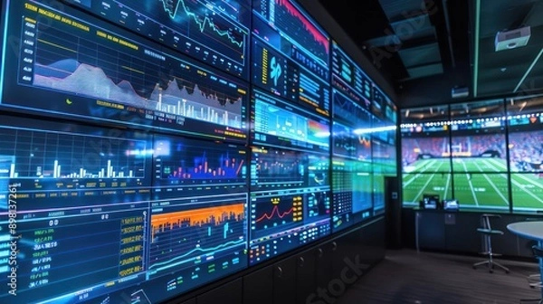 Obraz high-tech sports analytics center where coaches and players review performance data on large interactive screens, optimizing strategies in real-time