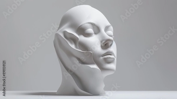 Fototapeta A minimalist white sculpture of a woman's head with closed eyes. The sculpture is rendered in a simple, modern style.