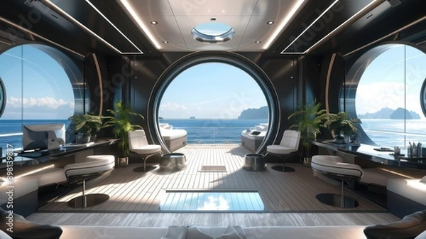 Fototapeta luxurious yacht interior designed as a mobile office with sleek, nautical decor and ocean views through circular windows