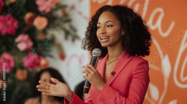 Obraz black woman in pink business attire speaking on stage at female entrepreneur event with floral backdrop in candid style