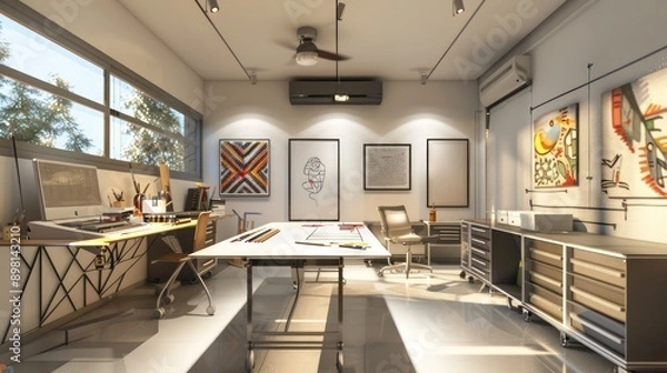 Obraz modern art studio with a small office area, featuring clean lines, a large drafting table, and walls adorned with inspiring artwork