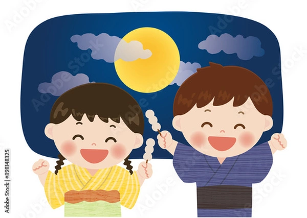 Fototapeta お団子を手に持ってお月見をする　ゆかたを着た笑顔の子供達のイラスト　秋