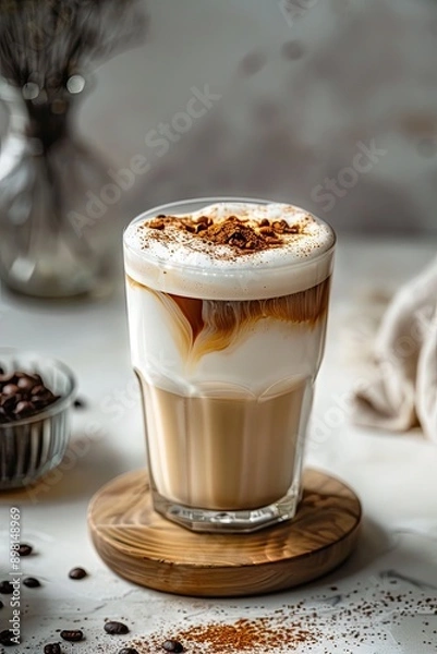 Fototapeta Coffee latte in a glass on a light background
