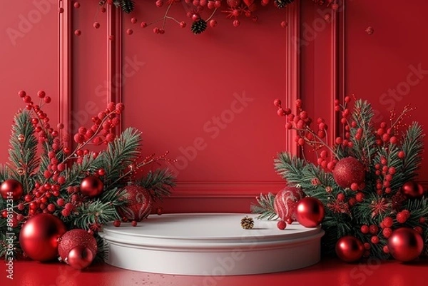 Fototapeta A white podium with Christmas decorations on a red background minimal mockup design