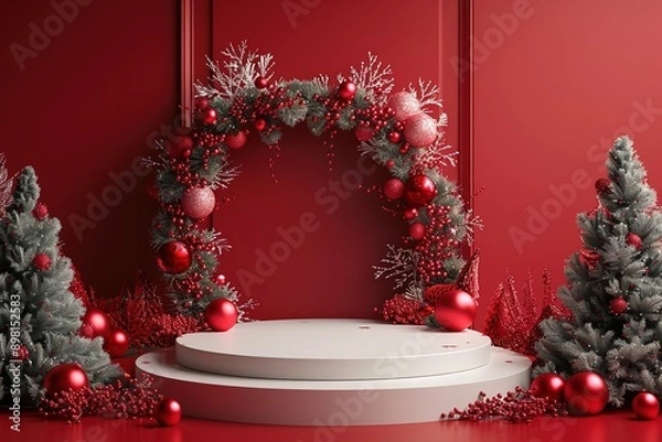 Fototapeta A white podium with Christmas decorations on a red background minimal mockup design