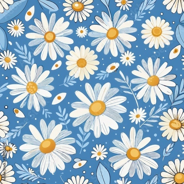Fototapeta Seamless pattern of whimsical daisies scattered playfully, Generative AI