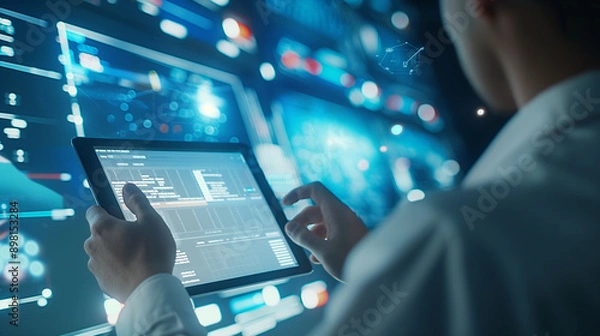 Fototapeta A businessman uses a tablet to analyze images of complex datasets in real-time, which can be used as technology graphics