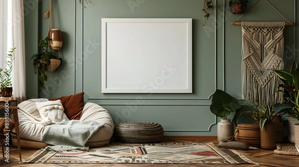 Fototapeta A high-resolution image of a living room with a white frame on a sage wall. The room has a cozy, artisan feel, with a woven rug on the floor, a macrame wall hanging, and a selection of vintage-style