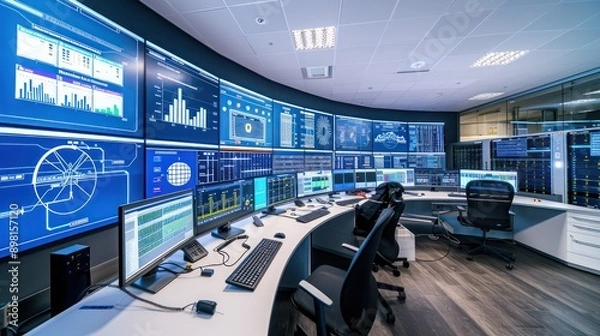 Obraz smart energy grid control room where engineers use real-time data and AI to manage renewable energy sources and optimize power distribution
