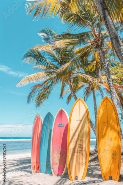 Fototapeta Colorful surfboards standing on the beach under palm trees.