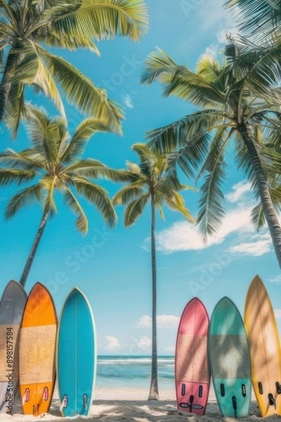 Fototapeta Colorful surfboards standing on the beach under palm trees.