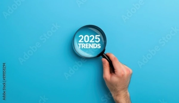 Fototapeta Hand holding magnifying glass and focusing on the word TREND Finding trends in business concepts.