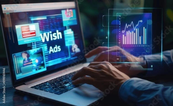 Fototapeta Businessman using a laptop with digital marketing data and an AI advertising.