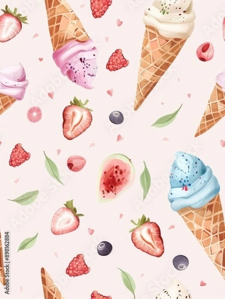Obraz Ice cream cones and colorful treats in a seamless summer pattern, rendered in watercolor style