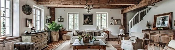 Fototapeta Cozy vintage farmhouse living room with exposed wooden beams and antique decor elements, rustic charm