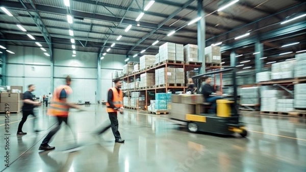 Fototapeta A busy warehouse scene captured with motion blur, showcasing the dynamic environment of logistics and supply.