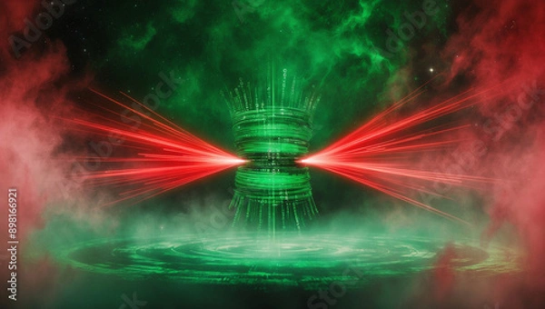 Fototapeta Green and red data flow interaction in cyberspace.