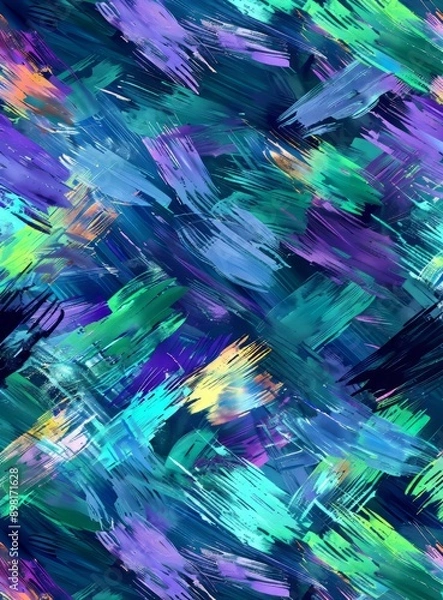 Fototapeta Abstract background wallpaper, pattern of small thick brush strokes in blue, green and purple with hints of yellow and orange, in the style of digital art