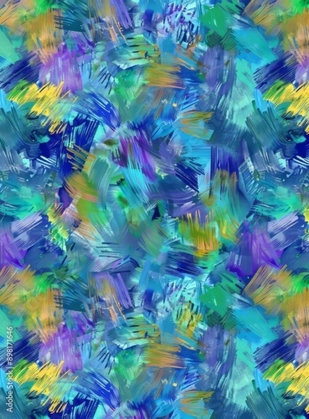 Fototapeta Abstract background wallpaper, pattern of small thick brush strokes in blue, green and purple with hints of yellow and orange, in the style of digital art