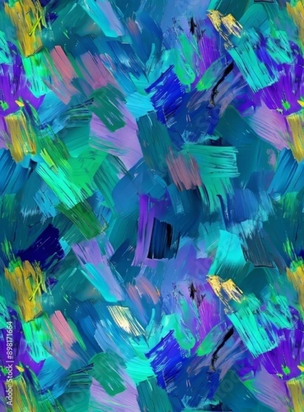 Fototapeta Abstract background wallpaper, pattern of small thick brush strokes in blue, green and purple with hints of yellow and orange, in the style of digital art