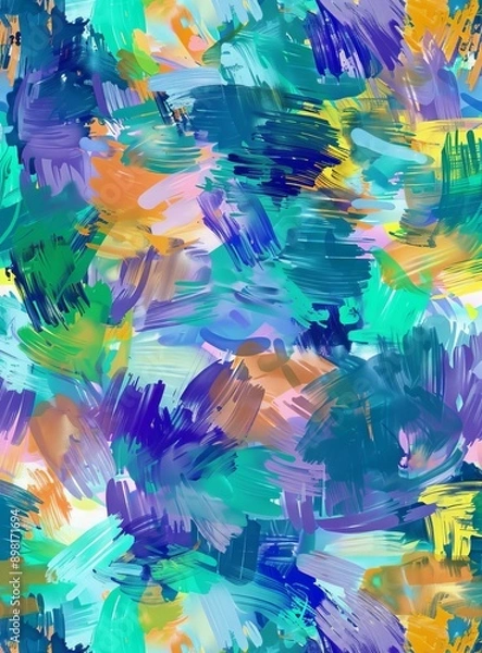 Fototapeta Abstract background wallpaper, pattern of small thick brush strokes in blue, green and purple with hints of yellow and orange, in the style of digital art