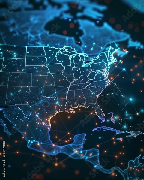 Fototapeta Futuristic technology USA map with glowing lights, global communication and connection concept.